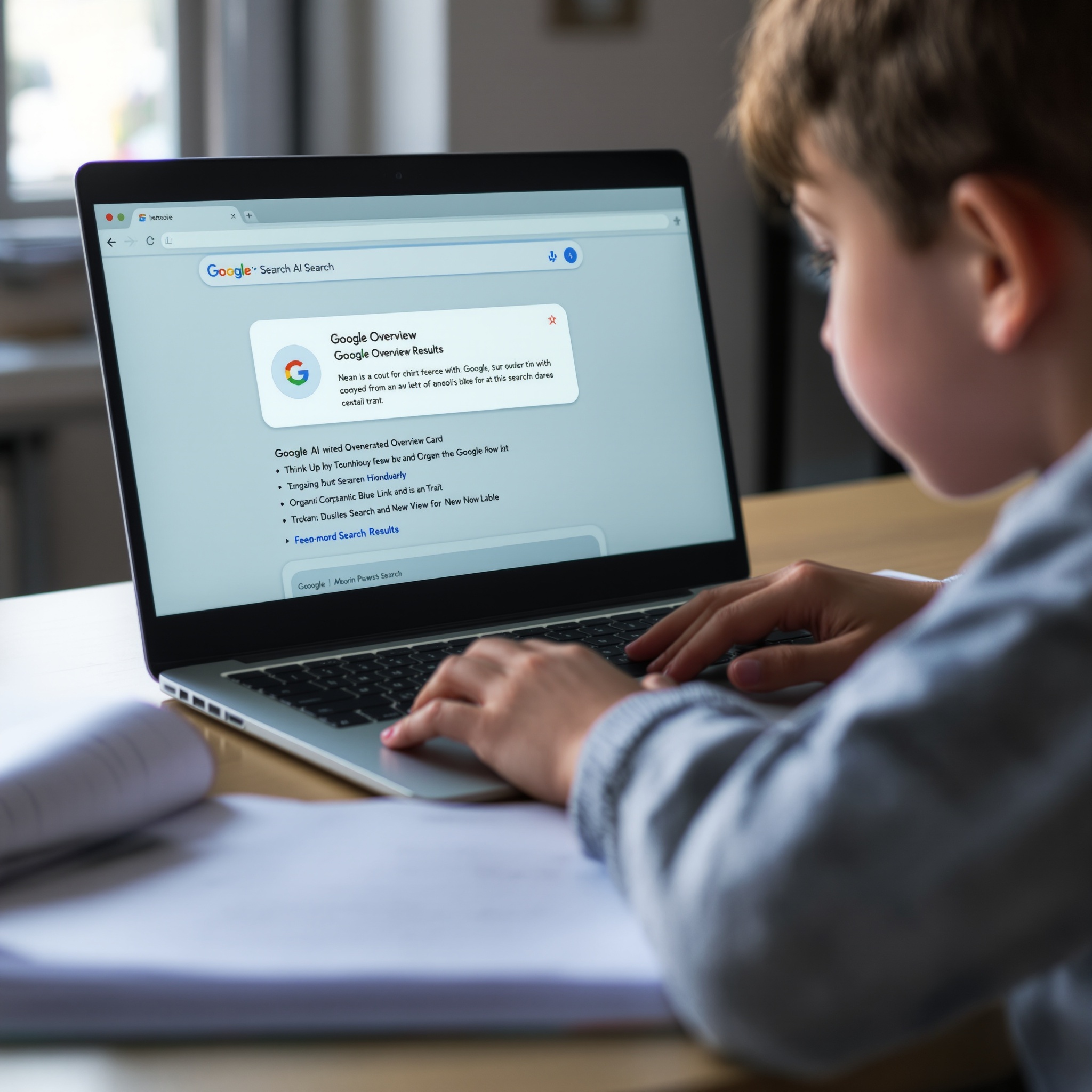 A child doing homework with a Google AI Overview card visible on screen